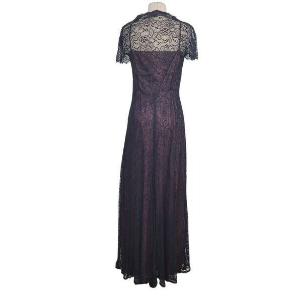 Vintage 1950s? Chantilly Lace Maxi Dress Evening Gown Navy Blue Delicate Feminin - Picture 3 of 10